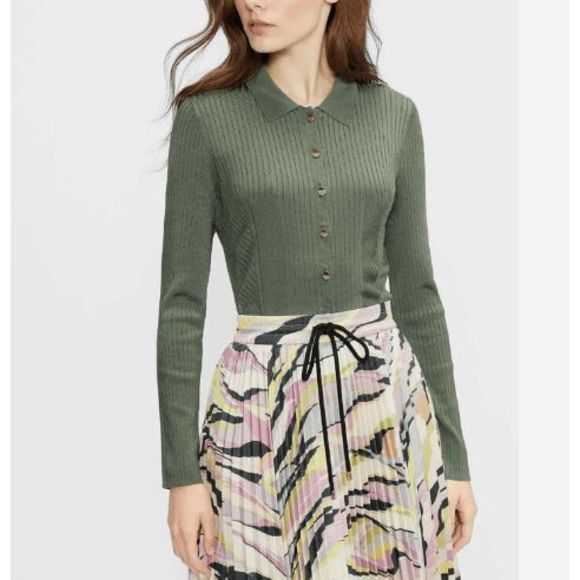 Ted Baker London Meenaa Cardigan Ribbed Top in Olive Green - Size 3 (US Medium) - Picture 2 of 12